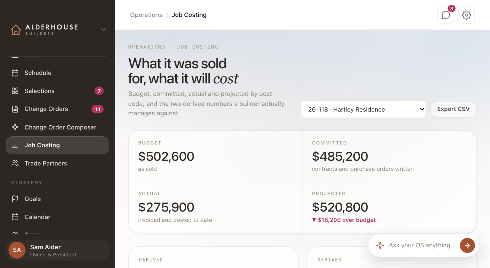 Job costs by cost code, in the demo