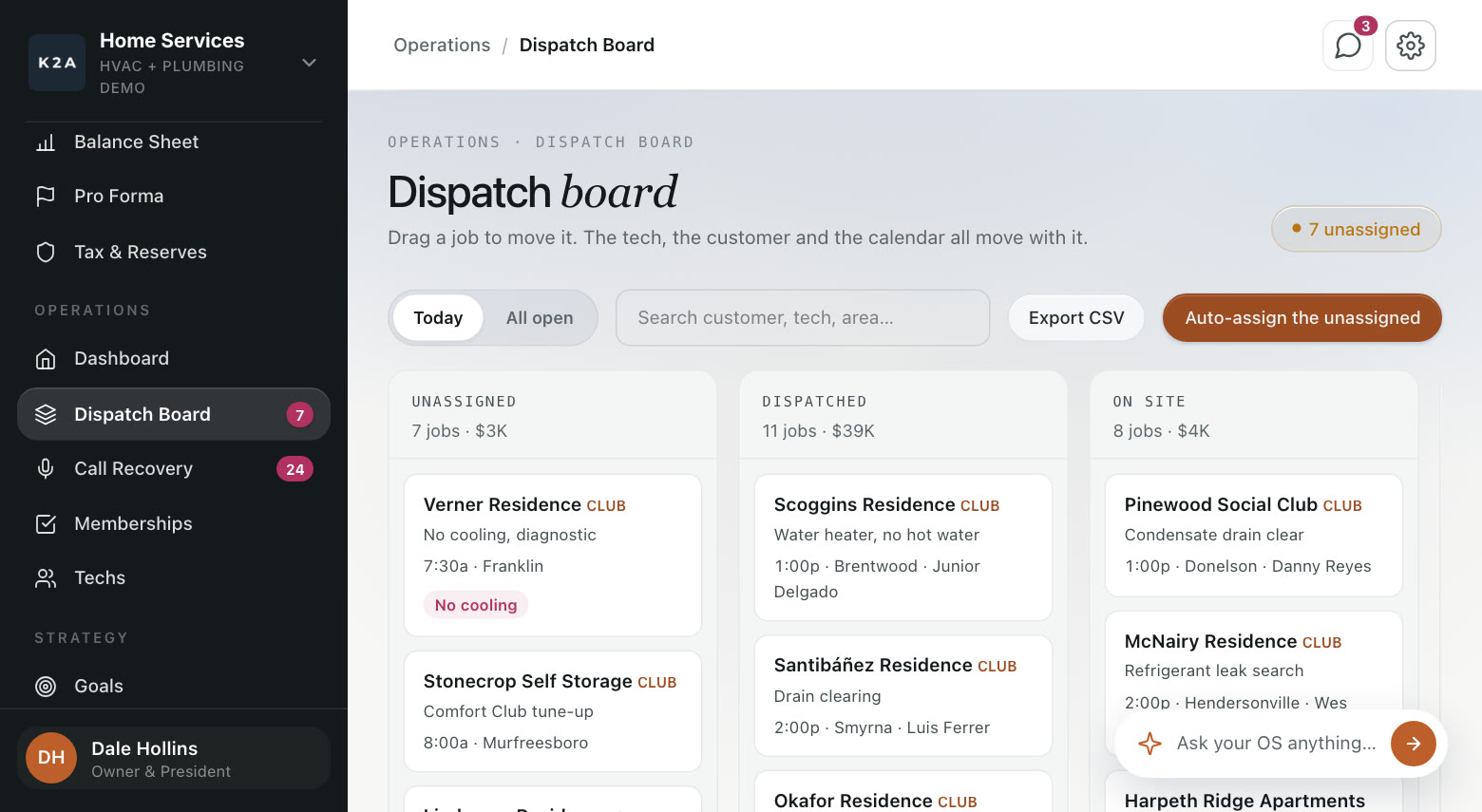 A dispatch board you can drag, in the demo