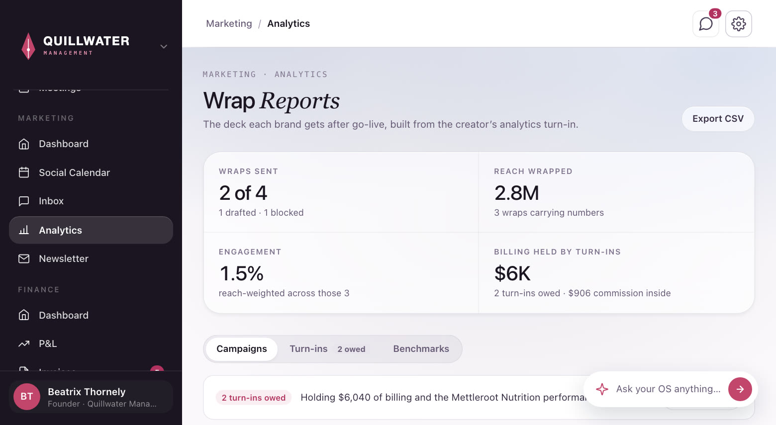 Wrap reports, drafted from the analytics, in the demo