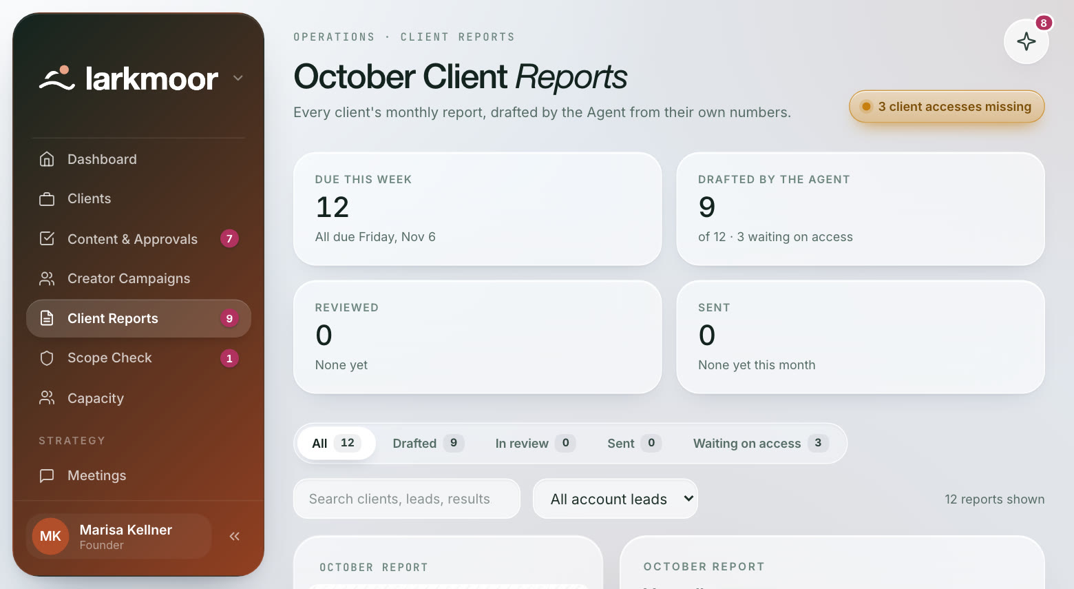 Monthly client reports, drafted for you, in the demo