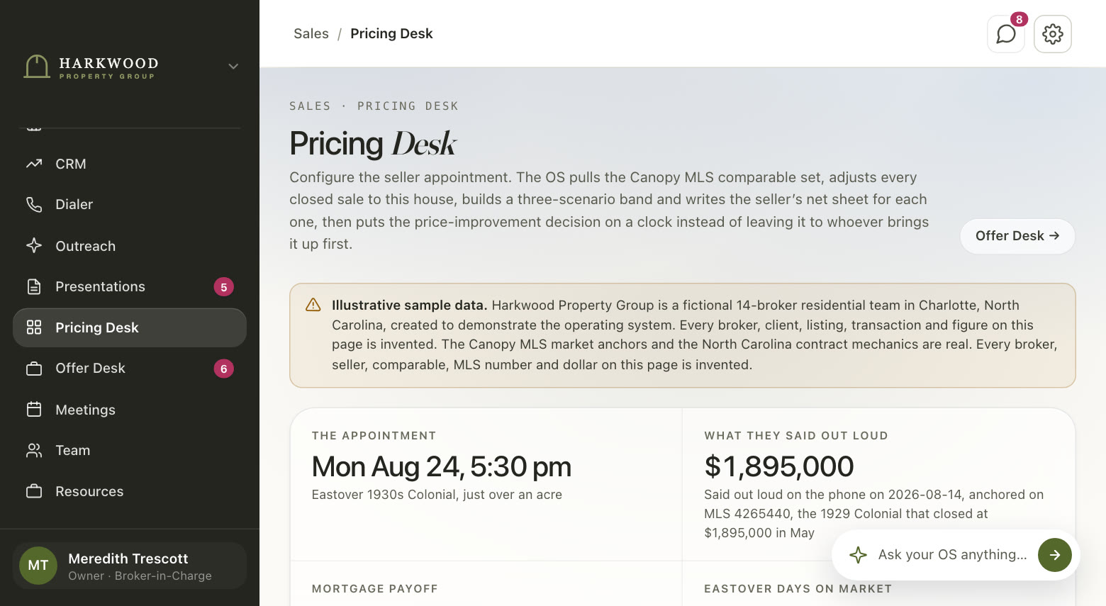 Pricing for the listing appointment, in the demo